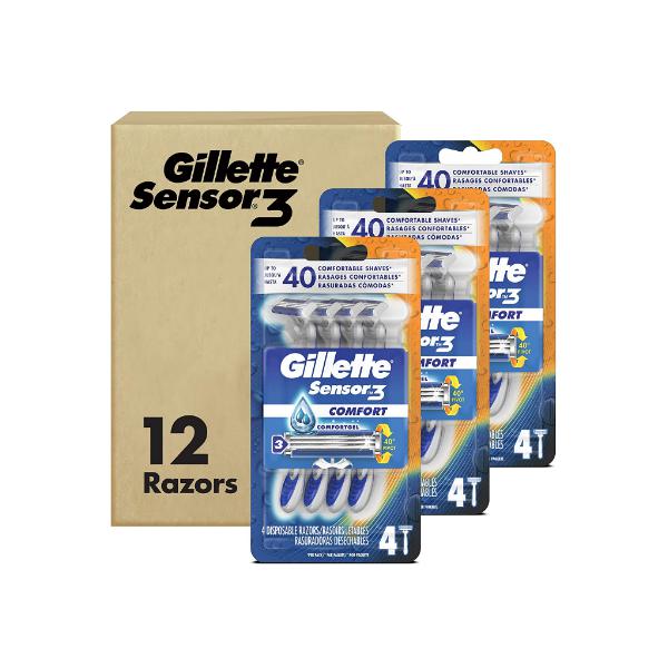 Gillette Sensor3 Comfort Disposable Razors for Men, 12 Count, Water-Activated Comfortgel Technology